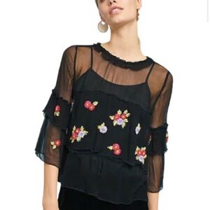Rina Dhaka for Anthropologie Floral Ruffled Blouse